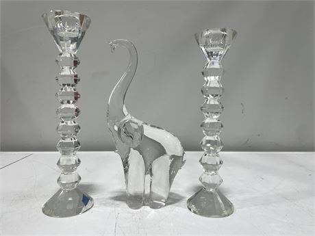 BLOWN GLASS 10” TALL ELEPHANT & 2 CANDLE HOLDERS LARGEST 11”