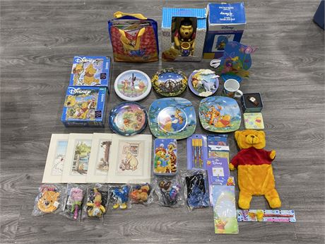 LARGE LOT OF DISNEY COLLECTABLES - PUZZLES, HOT WATER BOTTLE, PLATES & MORE