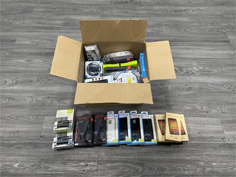 BOX FULL OF ASSORTED NEW ELECTRONICS & ACCESSORIES