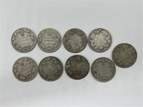 9 ANTIQUE SILVER CDN QUARTERS - SOME DATED BACK TO 1910