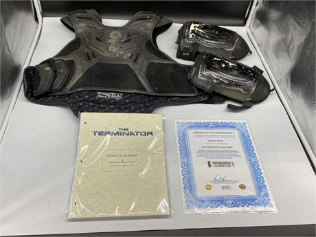 SET OF PROP ARMOUR PIECES FROM “TERMINATOR” SUPPLIED W/ COPY OF THE SCRIPT & COA
