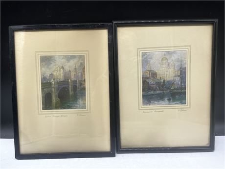 PAIR OF COLOURED ETCHINGS BY F ROBSON - BORDERED BY ARTEST IN PENCIL BY HAND