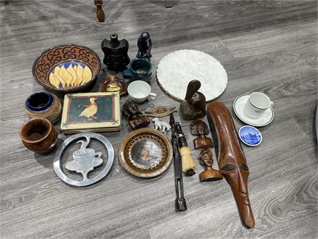 LOT OF HOME DECOR INCL: CARVED WOODEN ITEMS, VASES, CUP & SAUCERS, ETC