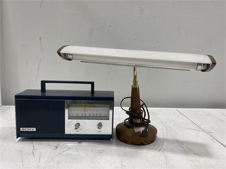 VINTAGE GOOSENECK DESK LAMP (15”X11”) & VINTAGE SONY RADIO