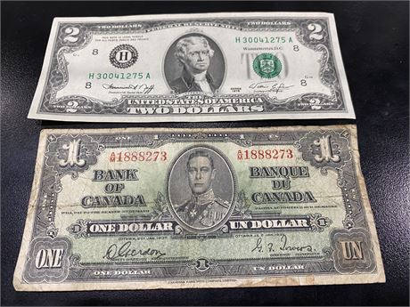 1937 CANADIAN $1 BILL & 1976 UNITED STATES $2 BILL