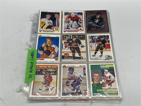 8 BINDER PAGES (72 cards) OF NHL ROOKIES AND YOUNG GUNS CARDS