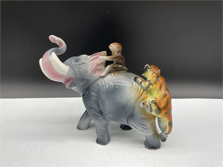 ELEPHANT WITH MONKEY AND TIGER FIGURINE (7” tall)