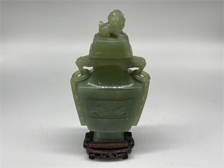 VINTAGE CHINESE JADE CARVING 8” TALL (LION TALL IS CHIPPED)