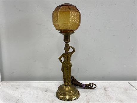 ANTIQUE LIBERTY WOMEN TABLE LAMP W/AMBER SHADE (21”)