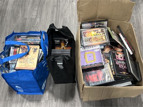 2 BAGS & BOX OF DVDS