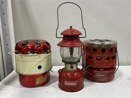 2 VINTAGE PORTABLE SAFETY HEATERS & OIL LAMP (Coleman & Therm’x)