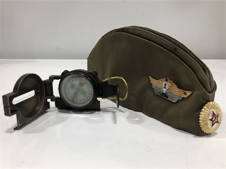 MILITARY COMPASS AND RUSSIAN HAT