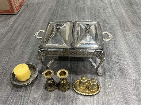 VINTAGE SILVER PLATED CANDLE HEATED SERVING TRAY + SALT N PEPPER & 2 BELLS