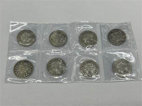 8 ANTIQUE SILVER CDN DIMES DATING BACK TO 1914