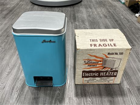 VINTAGE GARBAGE CAN & NEW OLD STOCK WORKING HEATER
