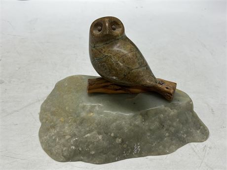 SIGNED OWL STONE CARVING ON BASE (9” wide, 5” tall)
