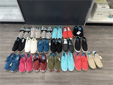 19 NEW PAIRS OF NATIVE BRAND SHOES - SIZE 9 MENS 11 LADIES