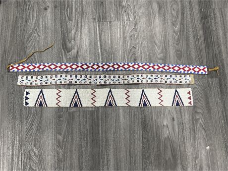 3PCS OF VINTAGE FIRST NATIONS BEAD WORK STRAPS LONGEST IS 34”