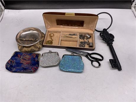 BEAN BAG ASH TRAY & CHANGE PURSES IN CASE WITH CAST IRON KEY, MISC SCISSORS, ETC