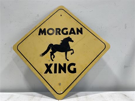 1984 METAL CLYDESDALE MORGAN XING SIGN - 24”x24”