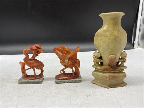 3 CHINESE SOAPSTONE CARVINGS 6” & 2”x4”