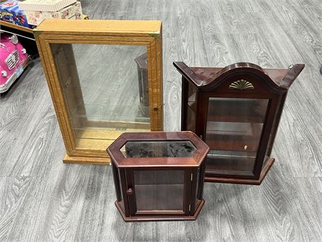 3 WOOD / GLASS DISPLAY CASES (Tallest is 21”)