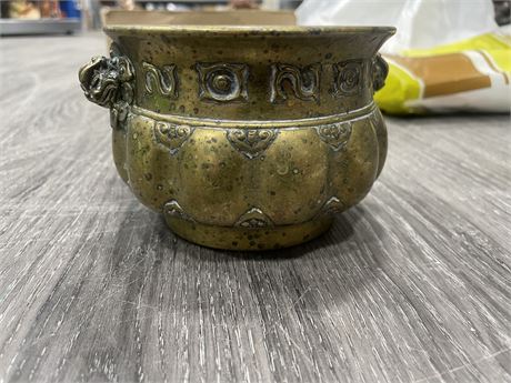 OLD BRASS POT WITH ARCHAIC SYMBOLS SIGNED ON BASE