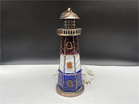 HANGING STAINED GLASS LIGHTHOUSE LAMP - 1FT TALL