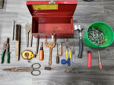 MIXED TOOLS IN RED TOOL BOX & BUCKET FULL OF SOCKETS