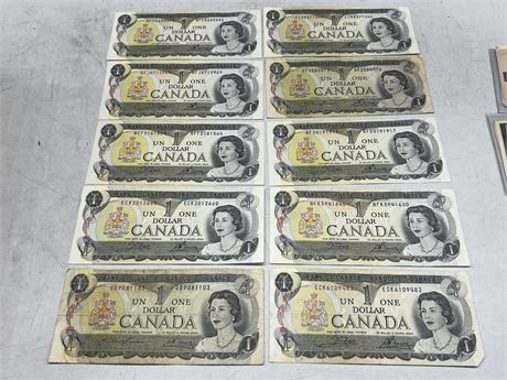 (10) 1973 $1 BILLS