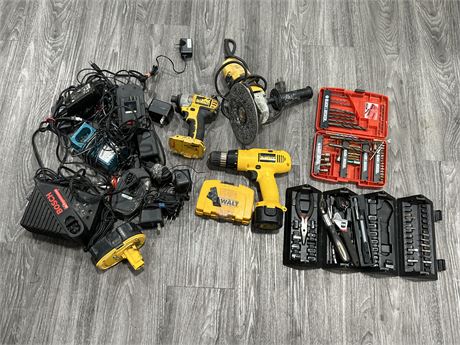 LOT OF MISC TOOLS, BATTERIES, CHARGERS