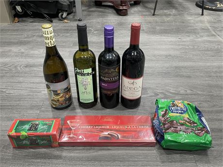 4 BOTTLES OF SEALED WHITE / RED WINE, & 3 BOXES OF SEALED CHOCOLATE