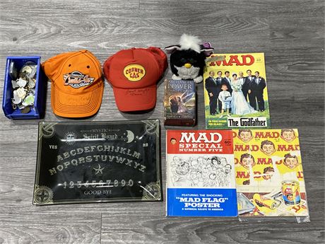 LOT OF COLLECTABLES - TAROT CARDS, MAD MAGAZINES, SIGNED HATS ETC.
