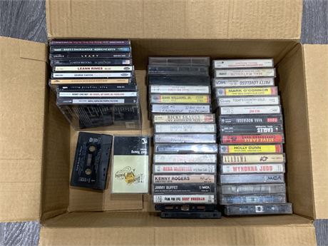BOX OF CASSETTES & CDS