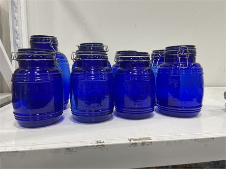8 COBALT BLUE GLASS FOOD STORAGE CONTAINERS LARGEST 11”