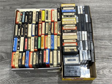 2 TRAYS OF 8 TRACKS + CASSETTES (LOTS OF ROCK)