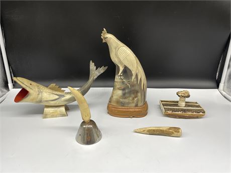 CARVED HORN / BORN COLLECTABLES (FISH / BIRD / STAMP / BELL)