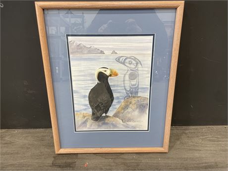 SUE COLEMAN SIGNED FRAMED NATIVE PRINT (17”x21”)