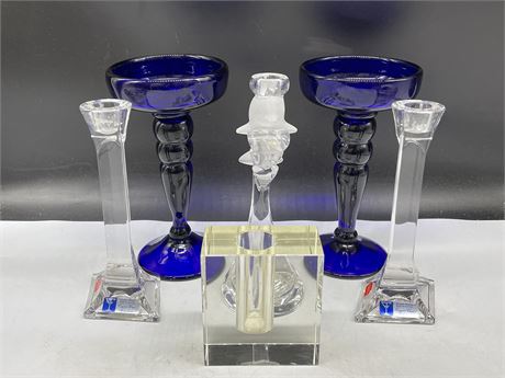 LOT OF CANDLE HOLDERS — 2 AUSTRIAN CRYSTAL, 2 COBALT BLUE, 1 DOLPHIN, & SQUARE
