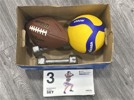 SPORTS & FITNESS LOT-VOLLEYBALL,FOOTBALL,FREE WEIGHTS & RESISTANCE BANDS