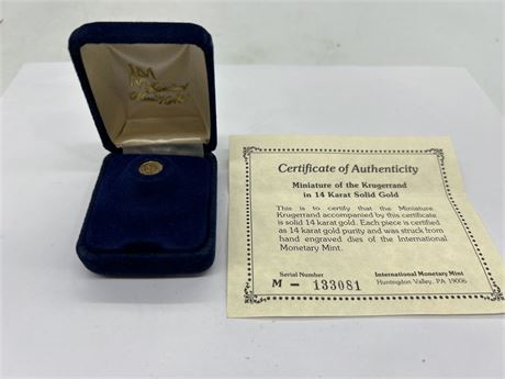 14K SOLID GOLD MINIATURE KRUGERRAND COIN WITH CERTIFICATE