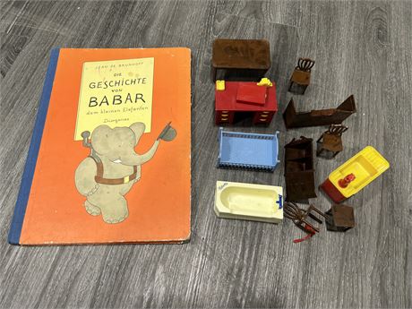 1950s “RELIABLE” DOLL HOUSE FURNITURE & VINTAGE LARGE FORMAT ELEPHANT BOOK