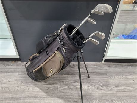 FREE STANDING WILSON GOLF BAG, CLUB COVER + 6 CLUBS