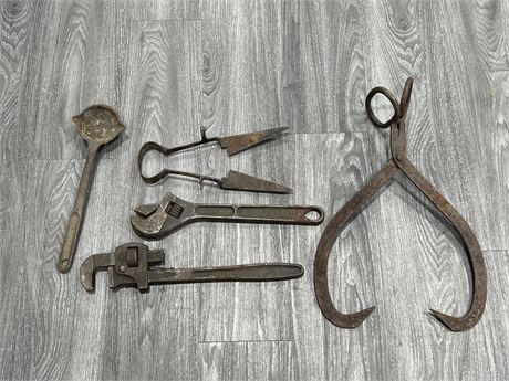 LOT OF ANTIQUE TOOLS - ICE TONGS, HEAVY DUTY WRENCHES & ECT
