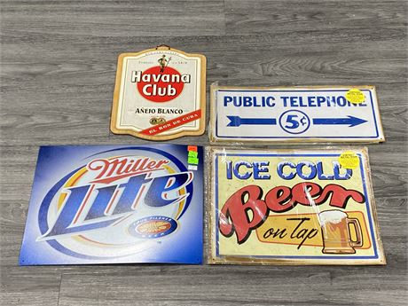 4 VINTAGE / COLLECTABLE SIGNS (12.5”X16” LARGEST)