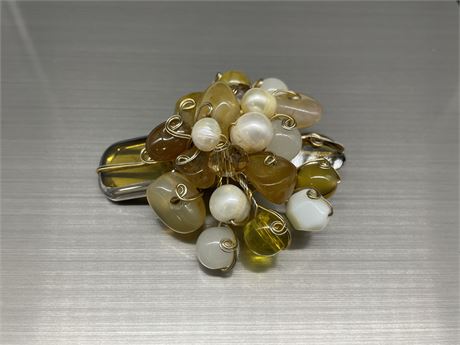 VINTAGE HAND CRAFTED BROOCH W/GENUINE PEARLS + STONE BEADS