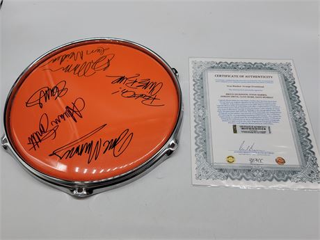 IRON MAIDEN BAND SIGNED DRUMHEAD MOUNTED IN CHROME FRAME WITH COA