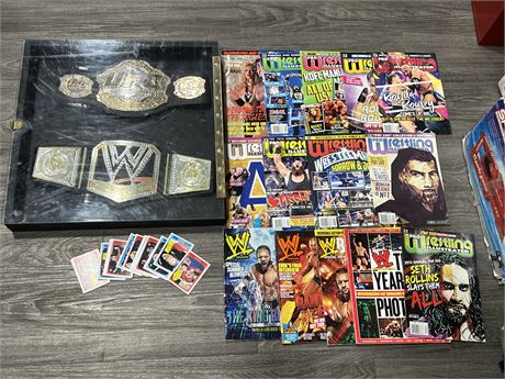 HUGE WWF LOT W/MAGS, TRADING CARDS, & BELT DISPLAY