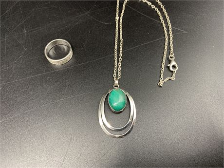 STERLING SILVER TURQUOISE NECKLACE + RING BAND