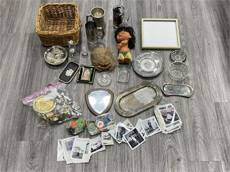 VINTAGE LOT - TOYS, TABLEWARE, PICTURES, JELLO COINS, PEWTER MUG, ETC